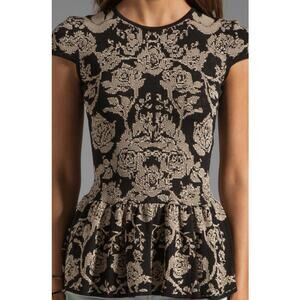 Ronny Kobo Vivienne Doves Top Floral Intarsia Jacquard Knit Ruffle Peplum Blouse